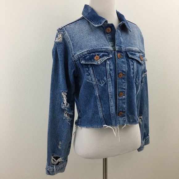 F21 | Distressed Cropped Blue Denim Jean Jacket - Picture 5 of 9